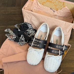 Authentic USED Miu Miu White and Black Woven Flats WITH double laces size 38
